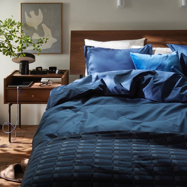 HAMPFLOCKEL Duvet cover and pillowcase(s), dark blue, 200x200/50x80 cm