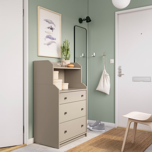 HAUGA 3-drawer dresser with shelf, beige, 70x46x116 cm