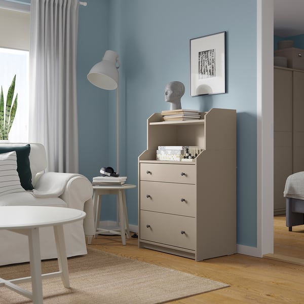 HAUGA 3-drawer dresser with shelf, beige, 70x46x116 cm