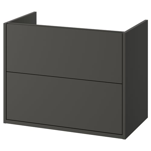 Wall-mounted grey bathroom cabinet with drawers, modern, sleek design.