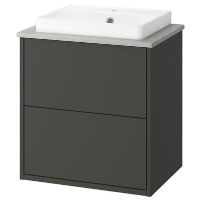 HAVBÄCK black washstand, modern style, dark grey, semi-recessed sink, drawer unit.