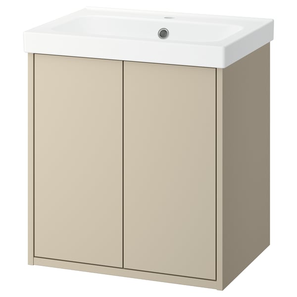 A beige HAVBÄCK bathroom cabinet with a white sink on top. It has a clean, minimalist design with two beige doors.