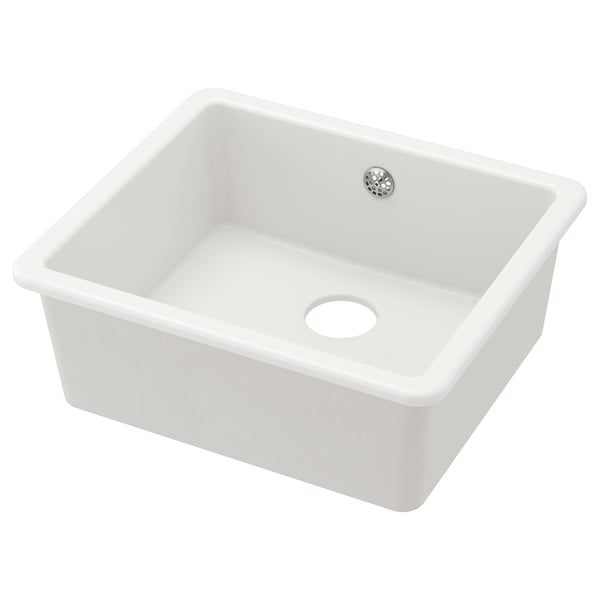 A white, rectangular HAVSEN ceramic kitchen sink with rounded corners and a single drain.