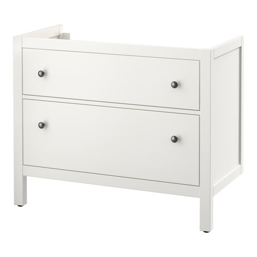 A white HEMNES bathroom cabinet with smooth, grey handles. It has a rectangular design with two drawers.