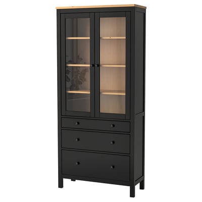 HEMNES Glass-door cabinet with 3 drawers, black-brown/light brown, 90x198 cm
