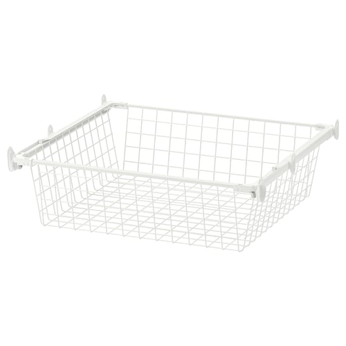 White wire HJÄLPA mesh basket with wheels for easy storage.