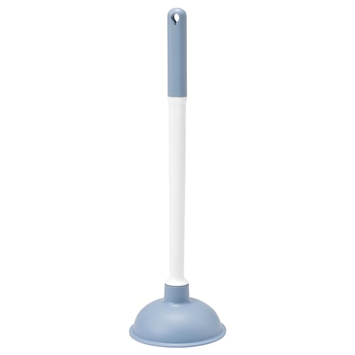 A light blue HÖTRAMP plunger with a white handle and grey top, made from recycled plastic.