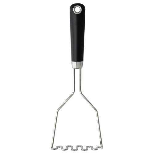 IKEA hjälte masher; black handle, stainless steel wires, y-shape, ergonomic design.