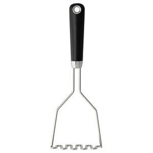 IKEA hjälte masher; black handle, stainless steel wires, y-shape, ergonomic design.