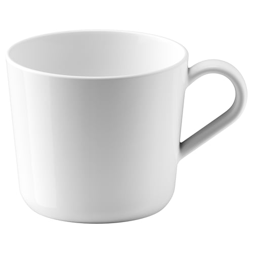 White ceramic mug with a simple, round shape and a comfort-grip handle, perfect for daily use.