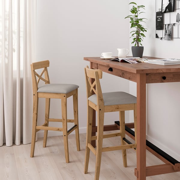 INGOLF Bar stool with backrest, antique stain/Nolhaga graybeige, 75 cm