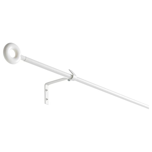 IRJA white curtain rod kit. Steel rod & brackets, plastic finials. Sleek, modern design.