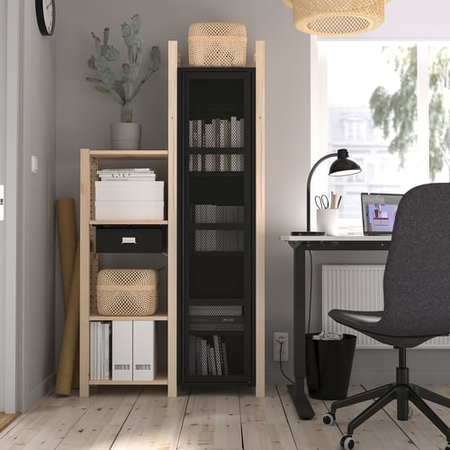 IVAR 2 section shelving unit pine/black mesh, 92x30x179 cm