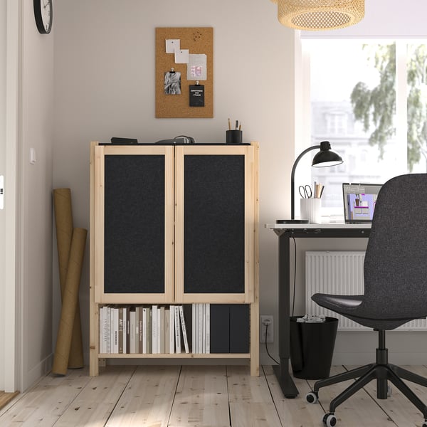 IVAR Shelf unit with doors, pine/felt felt, 89x30x124 cm