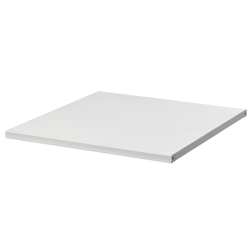 White JOSTEIN metal shelf. Sleek, rectangular, powder-coated for durability. Indoor/outdoor use.