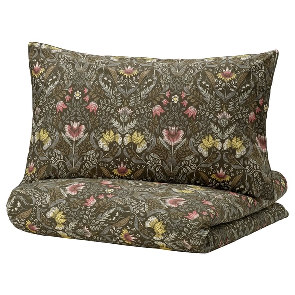 KÄRRDUNÖRT Comforter cover and pillowcase, dark green/multicolor, 150x200/50x80 cm