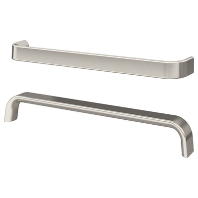 Two silver handles shown, one curved, one straight, smooth edges. Modern design, excellent grip. Aluminium with nickel-plated finish.