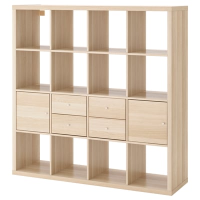 KALLAX Shelf unit with 4 inserts, white stained oak effect, 147x147 cm