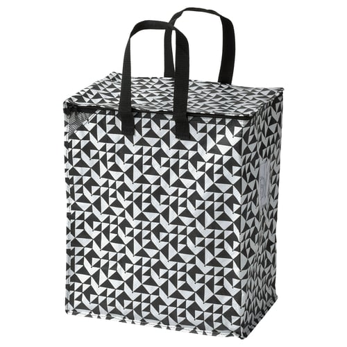 Black & white KNALLA reusable shopping bag with sturdy handles, ideal for groceries or laundry.