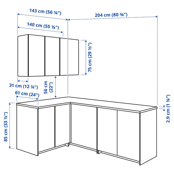 KNOXHULT Corner kitchen, white, 204x143x220 cm