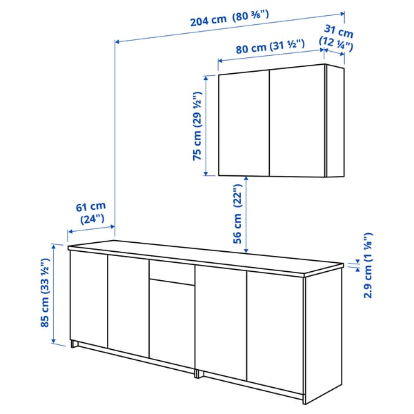 KNOXHULT Kitchen, white, 204x61x220 cm