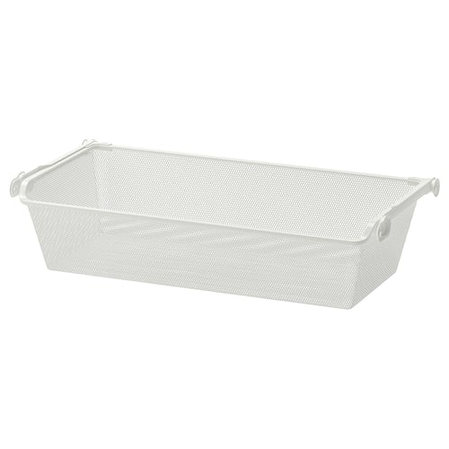 A white mesh KOMPLEMENT basket with handles, ideal for storing clothes and allowing air circulation.
