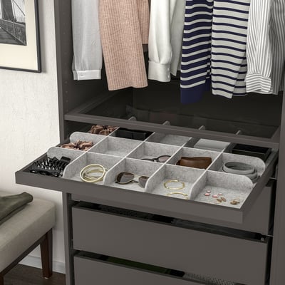 KOMPLEMENT Pull-out tray with divider, dark gray/light gray, 75x58 cm