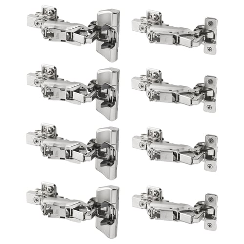 Eight KOMPLEMENT hinges with dampers, silver, metallic, rectangular, displayed in pairs.
