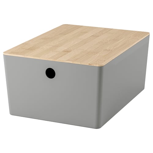 KUGGIS grey storage box with wooden lid, rectangular shape, simple design for organising items.
