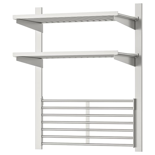 A KUNGSFORS wall storage system in stainless steel with adjustable shelves and a wire rack, ideal for organising items efficiently.