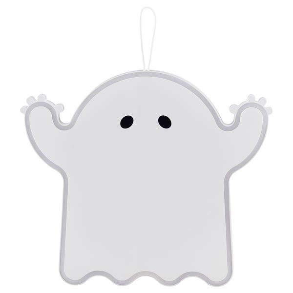 A small, white, ghost-shaped nightlight. It has a friendly design with two black eyes, and its made of plastic and silicone.
