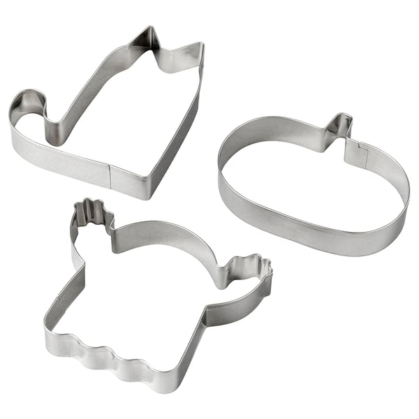Three stainless steel cookie cutters: cat, leaf, and oval shapes, arranged on a white background.