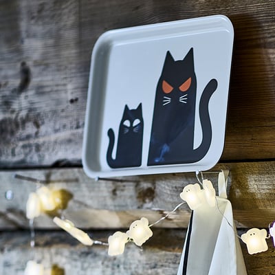KUSTFYR Tray, cat pattern white/black, 20x28 cm