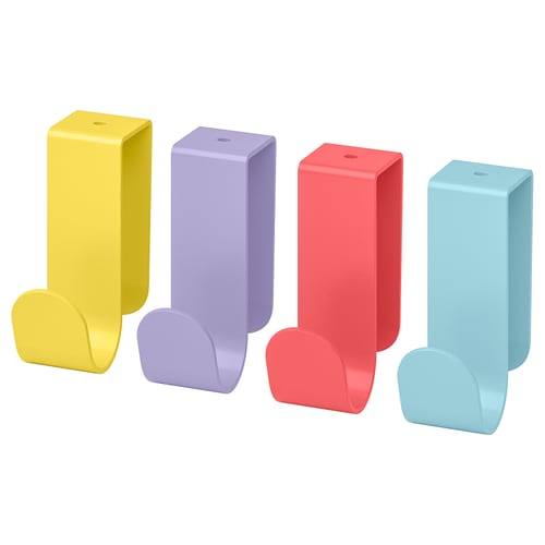 Four colourful hooks: yellow, lavender, red, blue. Curved steel with epoxy/polyester coating.