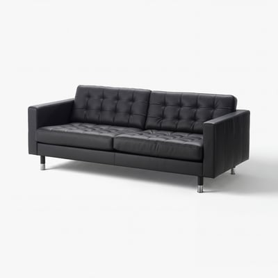 Black leather couch, tufted back & seat, metal legs, minimalist design.