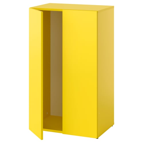 Bright yellow LASTARE cabinet, rectangular, simple design, flat surfaces, open doors revealing empty interior.