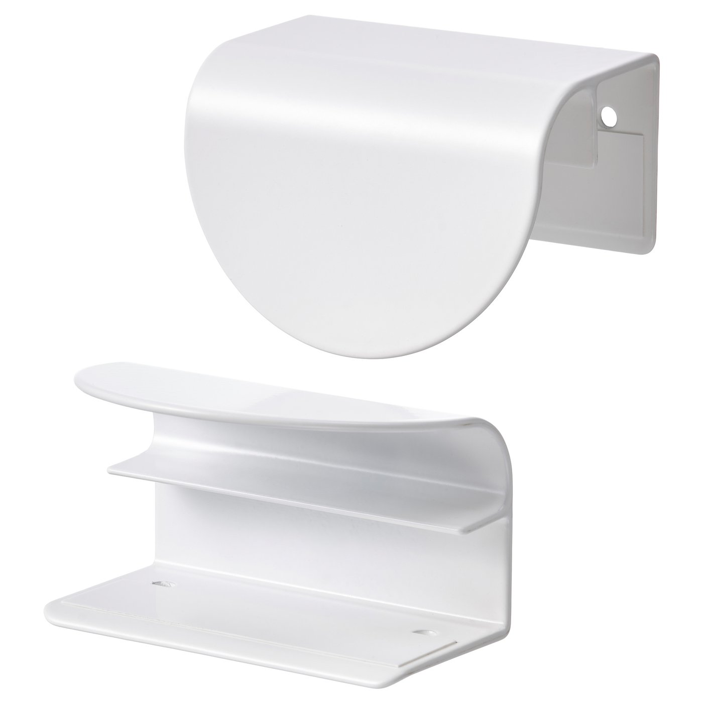 Modern white wall-mounted storage unit with a curved cover and three-tiered shelf for organisational needs.