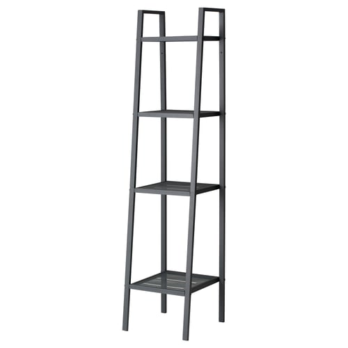 A LERBERG black metal bookshelf with varying shelf sizes, offering an airy and clean design.