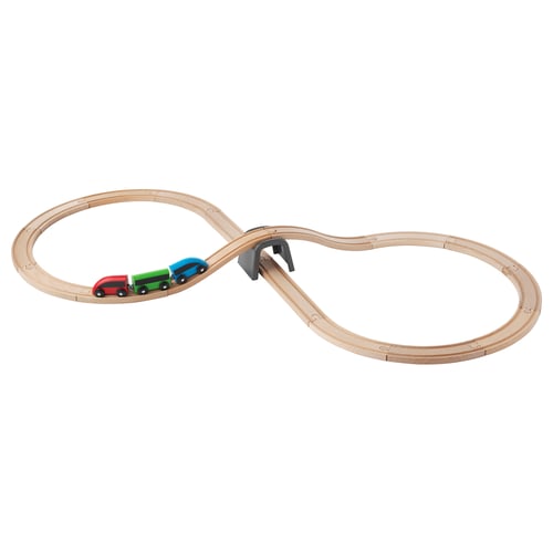 LILLABO wooden train set with loop track, red, blue and green toy cars on a beech track.
