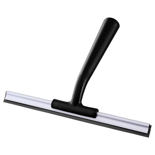 Black squeegee cleaning tool with silver blade and ergonomic handle for windows and shower surfaces.