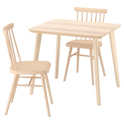 Simple, wooden square table and two matching chairs, light natural finish, clean lines, sturdy and minimalist design.