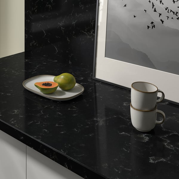 LOCKEBO Custom countertop, black marble effect/glass composite, 1 m²x4.0 cm