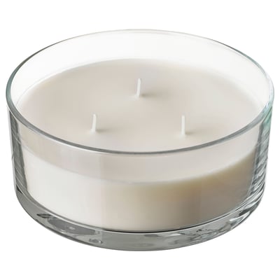LOTSFÅGEL Scented candle in glass, 3 wicks, Vanilla pale beige, 25 hr