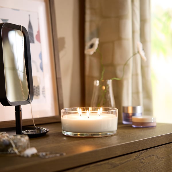 LOTSFÅGEL Scented candle in glass, 3 wicks