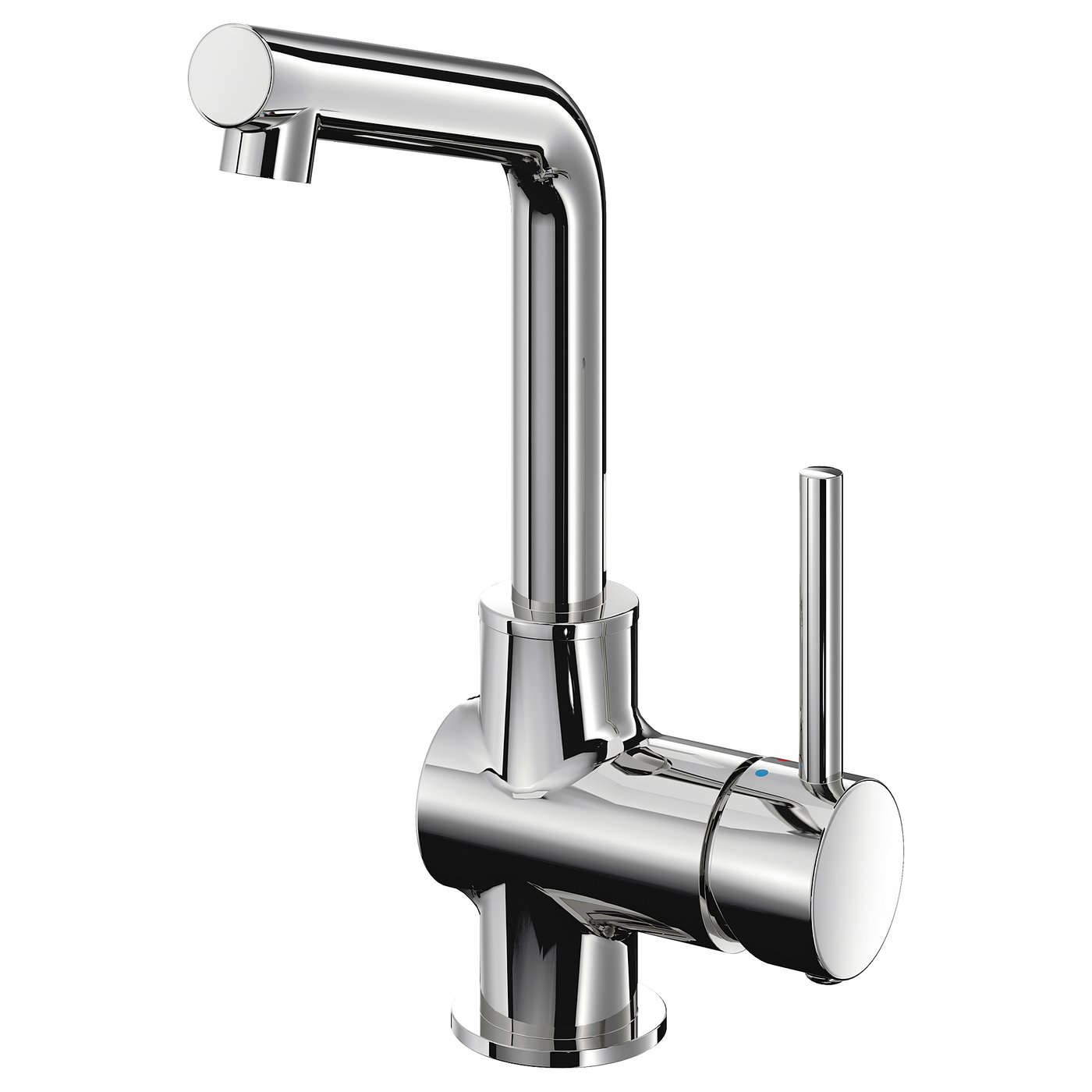 A chrome LUNDSKÄR bathroom tap with a modern design, made of brass. It has a tall, curved spout and a single handle on the side.
