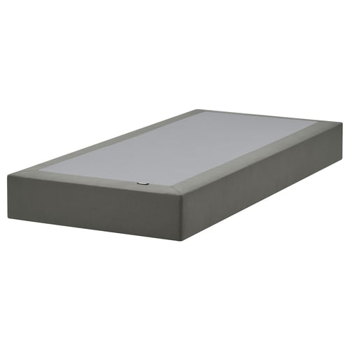 A flat-pack LYNGÖR bed base in grey, crafted from pine and fabric, designed with removable, washable covers and slatted support.