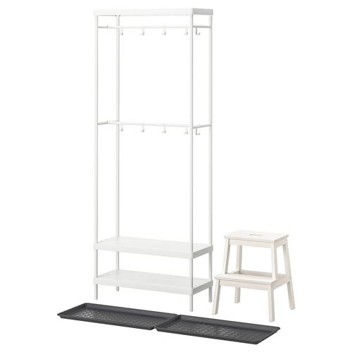 The MACKAPÄR, a white coat rack with shelves and hooks, accompanied by a matching stool, and black shoe mats.