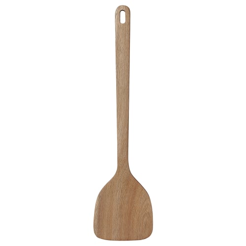 Brown wooden spatula, MAJFISK, with hanging hole. Solid acacia wood, gentle on cookware.