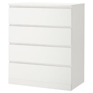 White MALM chest with 4 drawers; minimalist design, smooth surfaces.