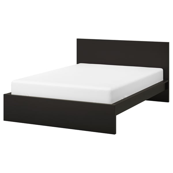 MALM black bed: modern, rectangular with high back, solid wood veneer.